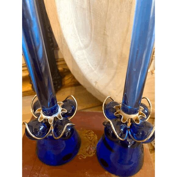 Vintage MCM Blue Lucite Taper Candles with Matching Candle Holders - Picture 2 of 5